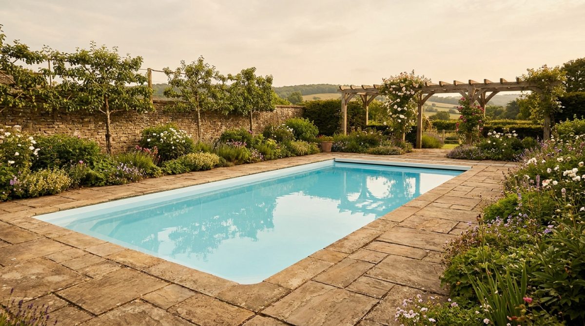 A well-maintained residential swimming pool in a landscaped British garden on a sunny afternoon, with a modern composite shell in a pale blue finish, surrounded by paving and planted borders