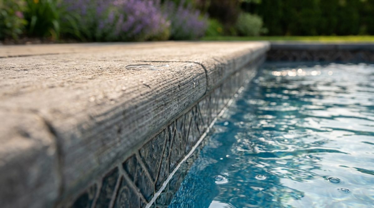 A modern freeform composite swimming pool with tanning ledge and integrated spa bay in a landscaped UK garden, photographed on a bright summer afternoon