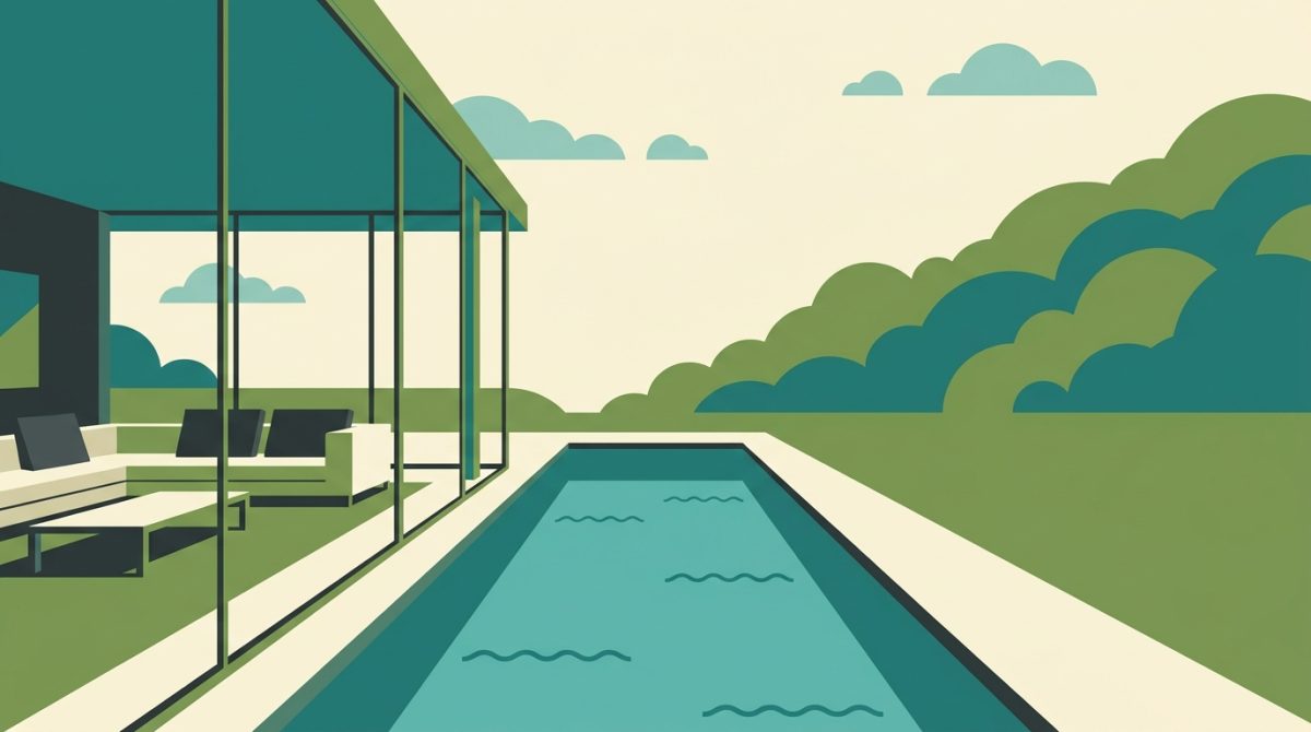 A wide-angle view from inside a glass-walled living room looking out onto a rectangular outdoor pool perfectly aligned with the glazing, a green hillside visible beyond the water