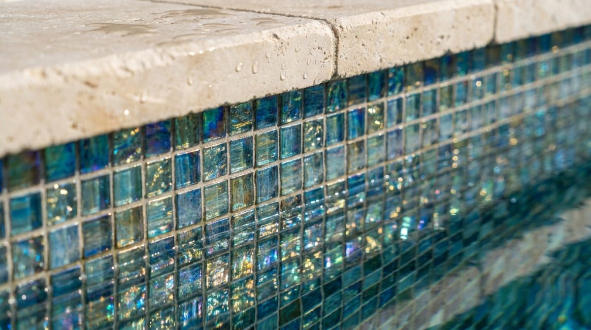 Close-up of a luxury swimming pool's glass mosaic tile interior shimmering under afternoon sunlight with pale limestone coping at the pool edge