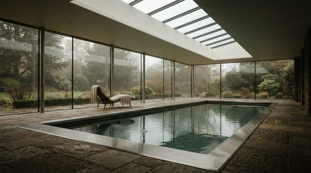 Interior of a high-end UK residential indoor pool room with full-height structural glazing on two walls, a mono-pitch rooflight, natural stone surround, and stainless steel pool edge details