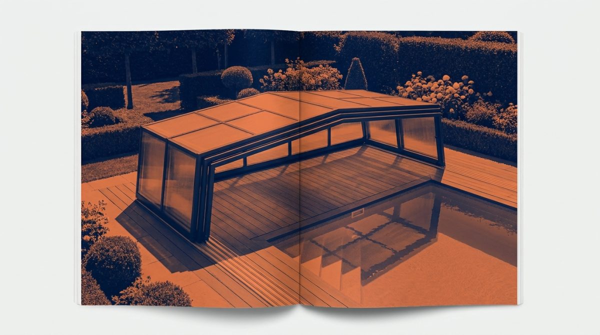 A mid-height retractable pool enclosure over a rectangular composite swimming pool in a landscaped Surrey garden, photographed on a bright afternoon with the enclosure panels partially open