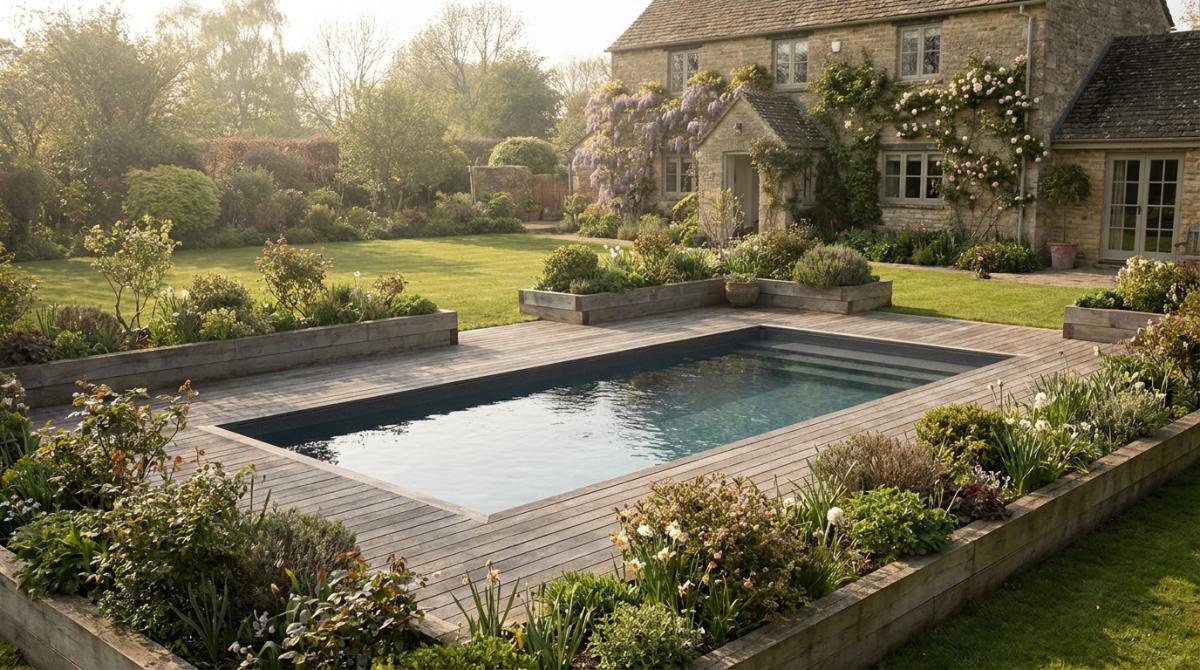 A well-maintained British back garden with a rectangular composite swimming pool installed flush with the patio, surrounded by timber decking and planting, on a bright spring afternoon
