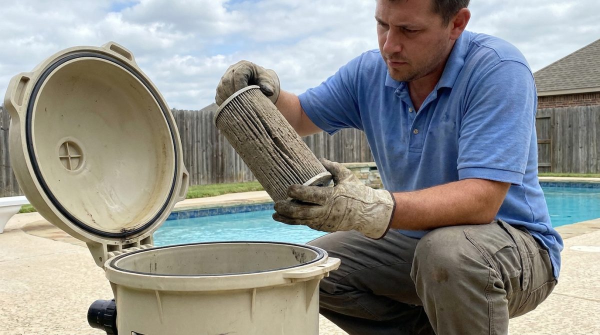 A pool technician in uniform crouching beside an open filter housing unit, examining a dirty diatomaceous earth filter grid with gloved hands